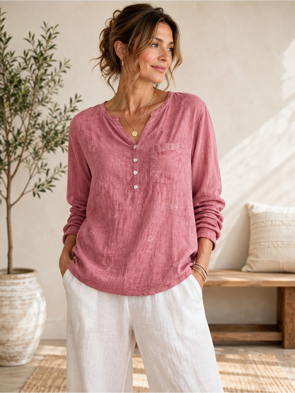 Yest Muted Pink Cotton Linen Embroidered Henley Top Size 10